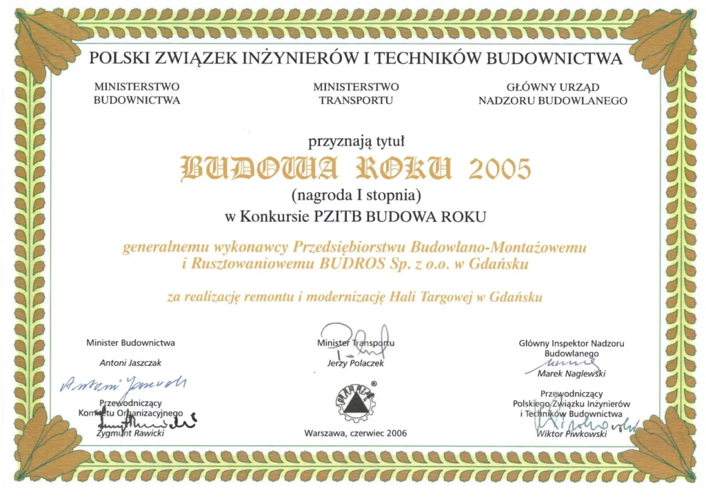 nagroda i stopnia dla budros za budowę roku 2005 za rewitalizację zabytkowej hali targowej w gdańsku