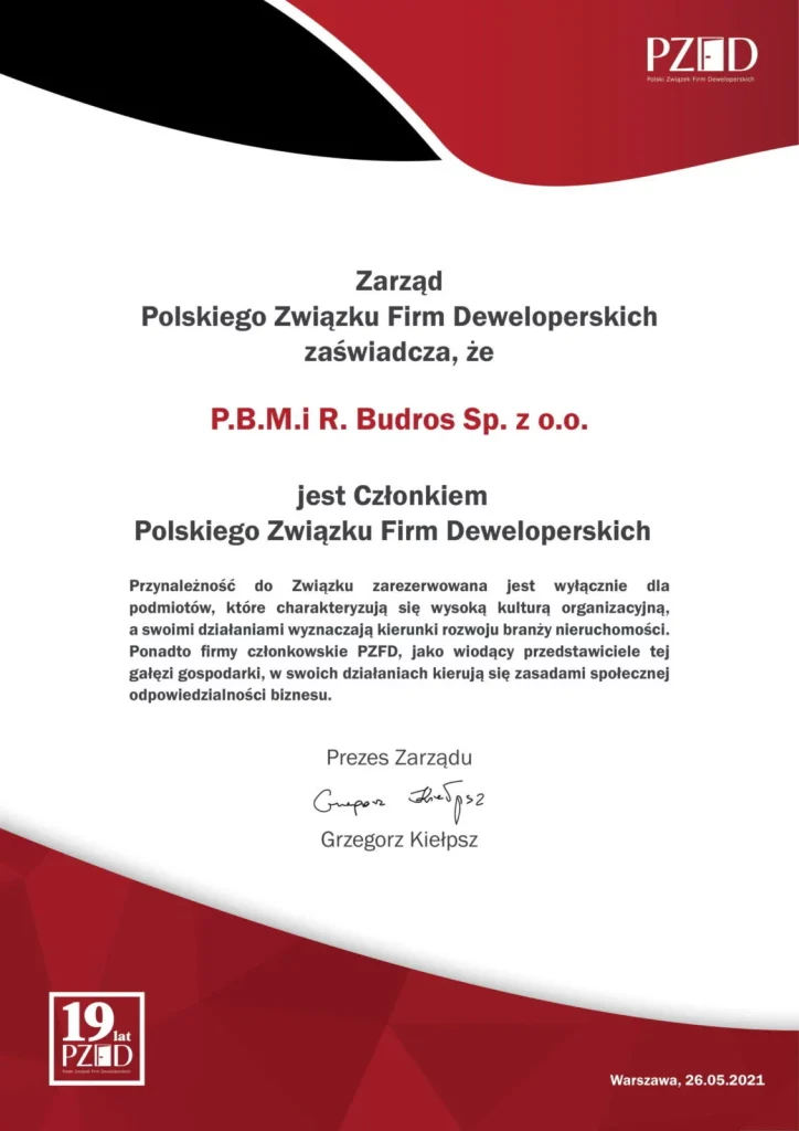 certyfikat członkostwa firmy budros w polskim związku firm deweloperskich