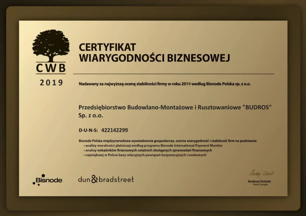 certyfikat wiarygodności biznesowej dla firmy budros