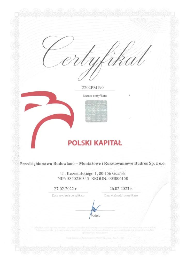 certyfikat polski kapitał dla firmy budros